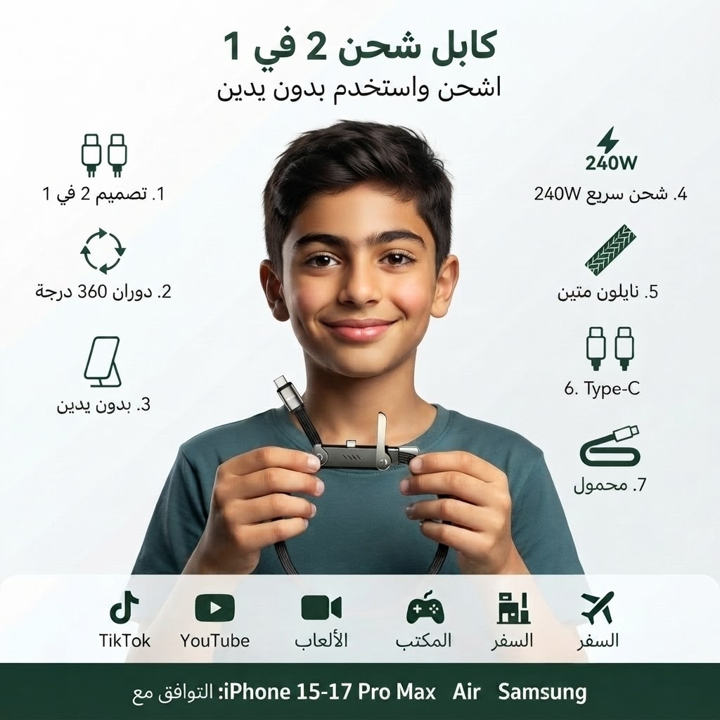كابل شحن Type-C زاوية منحنية سريع الشحن بقوة 240 واط